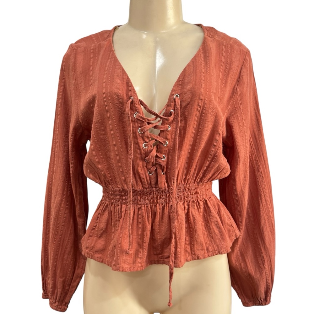 Charlotte‎ Russe Terracotta Lace-Up Peasant Boho Blouse Short Crop Y2K Top M